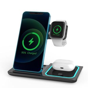 15W 3 in 1 Foldable Wireless Charging Charger Station Qi Fast Chargers Stand For iPhone 15 14 13 12 11 Pro Max Airpods Pro Apple Watch 8 7 6 5 4 3 2 SE Cell Smart Mobile Phone