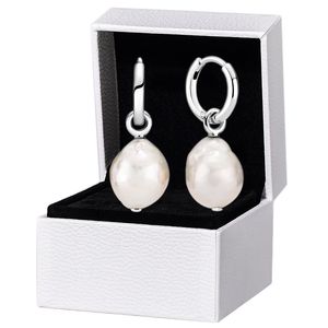 Weiße Perlen-Creolen aus echtem Sterlingsilber für Pandora, Hochzeit, Party, Schmuck für Frauen, Freundin, Geschenk, Designer-Ohrring-Set mit Original-Einzelhandelsbox