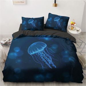 Set di biancheria da letto Biancheria da letto 3D digitale blu con meduse Letto 2 camere da letto Trapunta / copripiumini neri Completo Twin King Size 140x210 cm Set Tessili per la casa