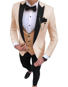 Men's Suits 2023 Beige Men Suit 3 Piece Slim Fit Casual Black Lapel Groom Tuxedos For Wedding (Jacket Vest Pants) Costume Homme