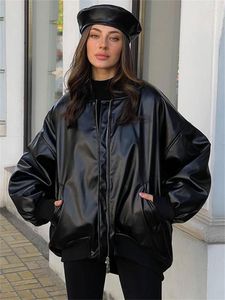 Damenjacken Habbris Herbst Sexy Solide Kunstlederjacke Casual Outfit Für Frauen 2023 Langarm Reißverschluss Lose Weibliche Mode Mantel