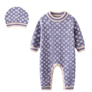 Designer Rompers nyfödda kläder Autumn Winter Warm Wool Sticked Bodysuit Baby Boys Jumpsuit Toddler Infant Hat 2st