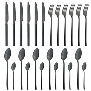 Dinnerware Sets 6Set/24Pcs Black Cutlery Set Stainless Steel Knives Fork Coffee Spoon Flatware Tableware Party Kitchen Silverware