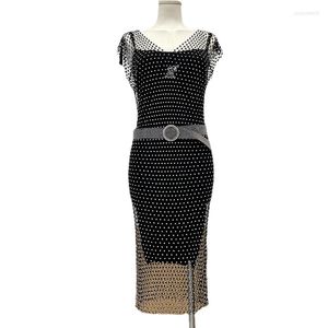 Abiti casual Bling Strass Party Women Sexy Mesh Dress Pietre preziose