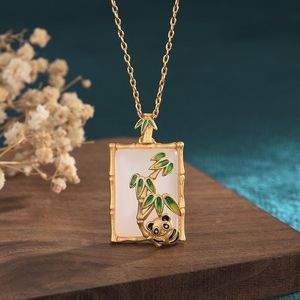 Pendant Necklaces Vintage Enamel Painted Panda Bamboo An Jade S925 Silver Necklace Women's Light Luxury JewelryPendant