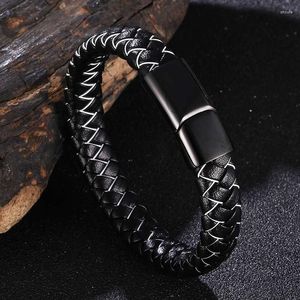 Charm Bracelets Trendy Men Jewelry Black Braided Leather Rope Bangles Stainless Steel Magnetic Buckle Woven Bracelet Punk Male Wristband