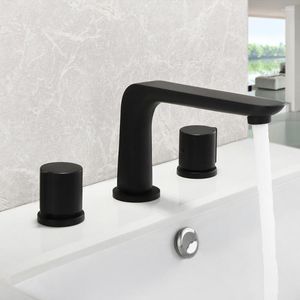 Bathroom Sink Faucets SKOWLL Widespread Faucet 3 Hole Roman Tub Deck Mount Bathtub 360 Swivel Vanity SK-6753 Black