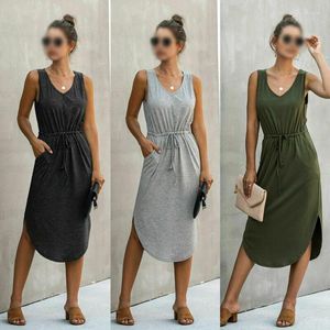 Vestidos casuais senhoras férias no verão férias vestidos de tanque sólido vestido midi mangas