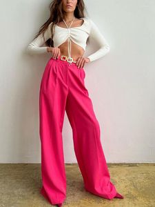 Women's Pants Women High Waist Loose Trousers 2023 Rose Red Office Lady Wide Leg Pleated Fashion Pockets Casual Floor-Length Long Pant