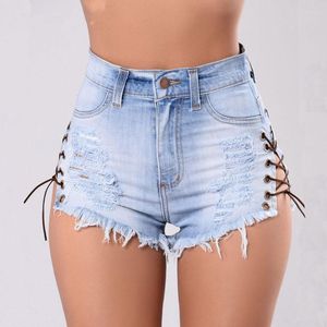 Kvinnors jeans vintage rippade hål frans elastiska midja shorts feminino denim för kvinnor mager sida ihålig kort kvinna
