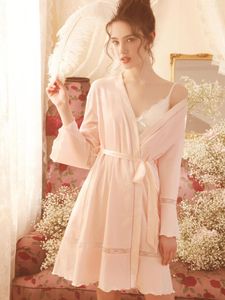 Women's Sleepwear 2023 Robe Princess One Piece Nightgown Women's Summer Short Pink And White Vintage Cotton Pajamas