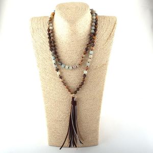 Pendant Necklaces Fashion Bohemian Tribal Jewelry 108pc Stone Beads Knotted Multi Gray Color Tassel Necklace Women Ethnic