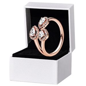 Gold Rose CZ Diamond Geometria Abertura Abertura para Pandora Real Sterling Silver Wedding Party Jewelry for Women Ndriend Gift Teardrops Rings com caixa original