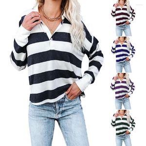 Women's T Shirts 2023 European And American Women's Shirt Autumn Winter Stripe Print Lapel / Polo Collar Button Long Sleeve Top T-Shirt