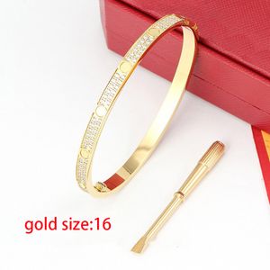 Love Screw Armband Bangles Designer Armband Mens Gold lyxiga smycken kvinnor Klassisk titanstållegering guldpläterade färger dubbel rad full diamant