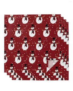 Table Napkin Christmas Snowman Red Background 4/6/8pcs Cloth Decor Dinner Towel For Kitchen Plates Mat Wedding Party Decoration