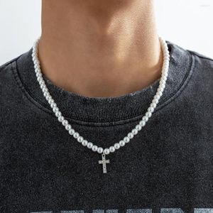 Pendanthalsband Salircon Punk Rhinestone Cross Halsband Enkelt temperament Imitation Pearl Pärlor Handgjorda Choker Trend smycken