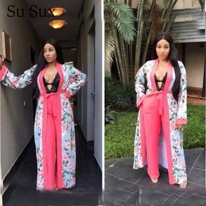 Women's Two Piece Pants Flower Print Set African Clothes Tracksuit Long Sleeve Top &Pink Casual Outfit Robe 3 Vestidos