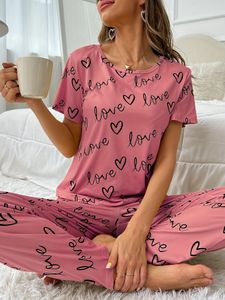 Women's Sleepwear Cozy Pink Pajamas Set Printed Short Sleeve Top & Elastic Waist Pants For Valentine's Gifts, Women's Loungewear & Sleepwear