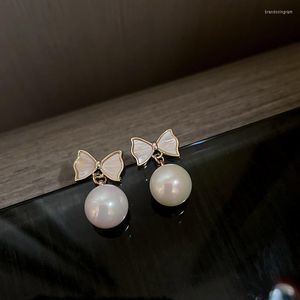 Stud Earrings Korean Elegant Simple Simulated-Pearl Shell Bow Dangle For Women Alloy Shiny Fashion Earring Girl Party Wedding Jewelry