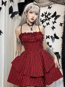 Casual Dresses Fashion Sexig Plaid Flower Border Camisole Dress for Women High midje gotiska kläder Streetwear Silm Fit kort a-line kjol