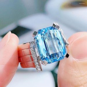 Klusterringar hjy aquamarine ring fina smycken ren 18k guld naturlig 6.36ct blå ädelstenar för kvinnor födelsedagspresenter