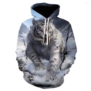 Herrtröjor 2023 3d snö hårt tijger tryck hoodie män/kvinnor vinter tröja djur män unisex långärmad pullover toppar