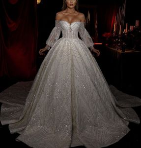 Sparkly Ball Gown Wedding Dresses Long Sleeves V Neck Sequins Appliques Beaded Ruffles 3D Lace Lace-up Bridal Gowns Formal Dress Plus Size Custom Made Vestido de novia