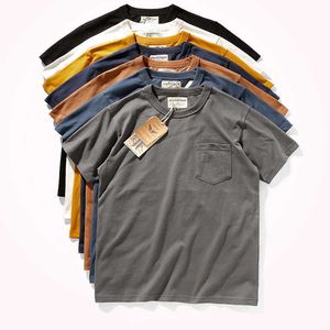 Erkek Tişörtleri 2021 Yaz Yeni Cep T-Shirt Erkekler Kısa Kollu Retro Düz Renk Basit Yuvarlak Yuvarlak Boyun Ağır Ağır Yıkanmış Eski Dipler G230309