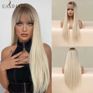 Synthetic Wigs Easihair Long Straight Brown to Light Blonde Ombre Synthetic Wigs with Bangs Natural Hair for Women Daily Heat Resistant 230227