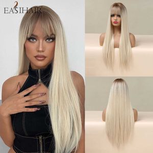 Synthetische Perücken Easihair Lang Glatt Braun bis Hellblond Ombre Synthetische Perücken mit Pony Natürliches Haar für Frauen Täglich Hitzebeständig 230227