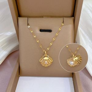 Choker Fashion Hollow Open Scallop Shell Necklace Real Gold Plated Shape Pearl Stainless Steel Kvinnesmycken