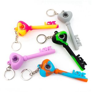 Mini Keychains Colorful Silicone Pipes LOVE Style Herb Tobacco Oil Rigs Glass Hole Filter Bowl Portable Handpipes Smoking Cigarette Hand Holder Tube