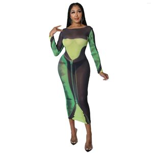 Abiti casual See Through Zip Print Women Dress Chic Manica lunga Skinny Elastico O-Collo Maxi Bodycon Party Clubwear Trend