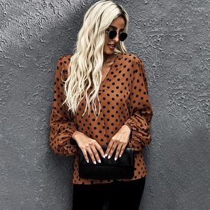 Blusas femininas 2023 Autumn Loose Moda Women Blusa Polca Dot Casual Lanterna Lanterna Longa Sulvera V Pullover Tops