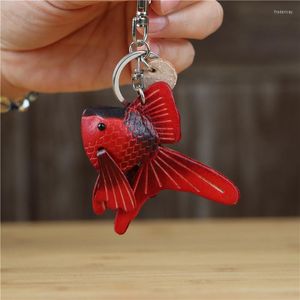 Keychains Cowhide Liten Red Fish Car Keychain Bag Personliga pendelltillbehör Söt koi -ryggsäck