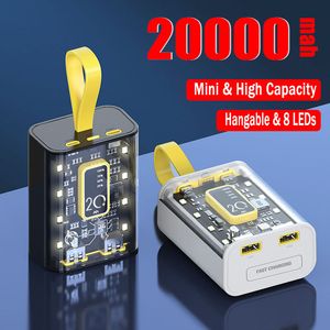 Mini Power Bank Встроенный кабель Портативное зарядное устройство 20000 мАч Быстрая зарядка Внешний светодиодный аккумулятор для iPhone Xiaomi Android