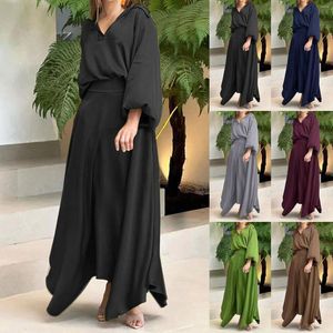 Casual Dresses Plus Size 2 Pieces Set Irregular High Waist Skirt Suit Retro Loose Long Sleeve V Neck Tops Autumn Winter Solid Streetwear