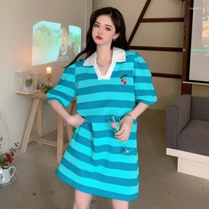 Casual Dresses Polo Short Sleeve Mini Fashion Summer Women Striped Dress Loose Female Frock Korean Style