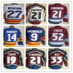 Anpassade män Vintage Colorado Hockey Jerseys 52 Adam Foote 21 Peter Forsberg 9 Paul 19 Joe Sakic 33 Patrick Roy 1 Chico Resch 14 Rene Robert 9