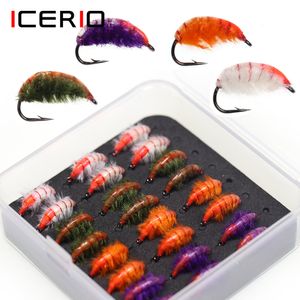 Baits Lures ICERIO 24pcsBox Scud Bug Worm Nymphs Flies Barbed Hook Trout Fishing Carp Fly Lure Bait 230309