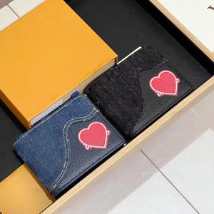 Denim Purse Wallet with Red Heart Design Wallets Card Bag for Men Women M81020