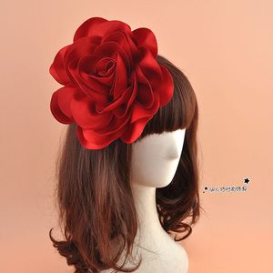 Outros acessórios de moda de alta qualidade clipe de cabelo de flor grande cetim para mulheres vinho vermelho amarelo azul verde festa mulher casamento 230309