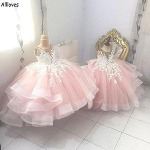 Blush Pink Flower Girl's Dresses For Wedding Sheer Neck Lace Tiers Fluffy Princess Spädbarn Första nattvardsklänning Little Girls 'Pageant Birthday Party Ball Gowns CL1966