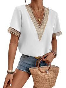 Women's Guipure Lace Deep V Neck Short Sleeve Shirt Colorblock Blouse Top 2303092