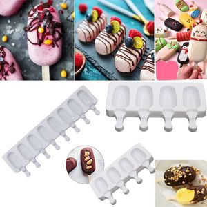 Glassverktyg 4Grid8 Grid Ice Cream Mold Makers Silikon tjockt material DIY Mögel Ice Cube Mögel Dessert Mögel Tray med Popsicle Z0308