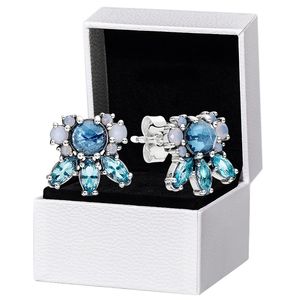 Blue Stone Stud Colring 925 Sterling Silver for Pandora CZ Diamond Wedding Party Biżuteria dla kobiet Projektant Prezentacji Prezentacji z oryginalnym zestawem pudełek