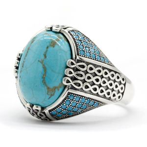 Cluster Rings Natural Turquoise Stone Ring For Men Solid 925 Silver Male Chains Vintage Party Cool Style Turkey Women