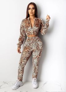 Roupas femininas feminino casual 2 peças roupas de leopardo com manga longa calça superior set tracksuitswomen's