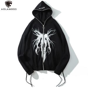 Mens Hoodies Sweatshirts Aolamegs Punk Graphic Print Zipper Ribbon Hooded Hoodie Men Casual Black Cool Oversize Coat Fashion Sweatshirt Streetwear Autumn 230308